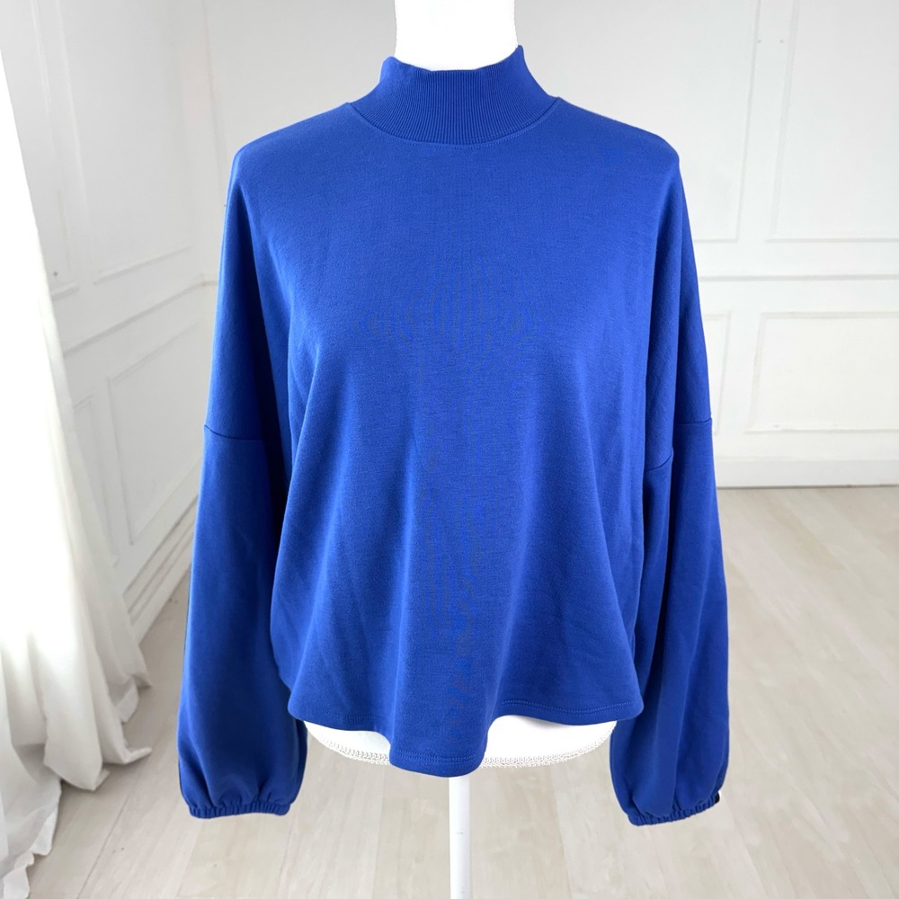 DSG Cozy Rib Crew Sweatshirt Women‎ Large Blue Black White Mock Neck Stripe Top